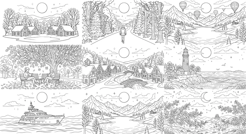 Nature Sceneries In Elegant Line Art