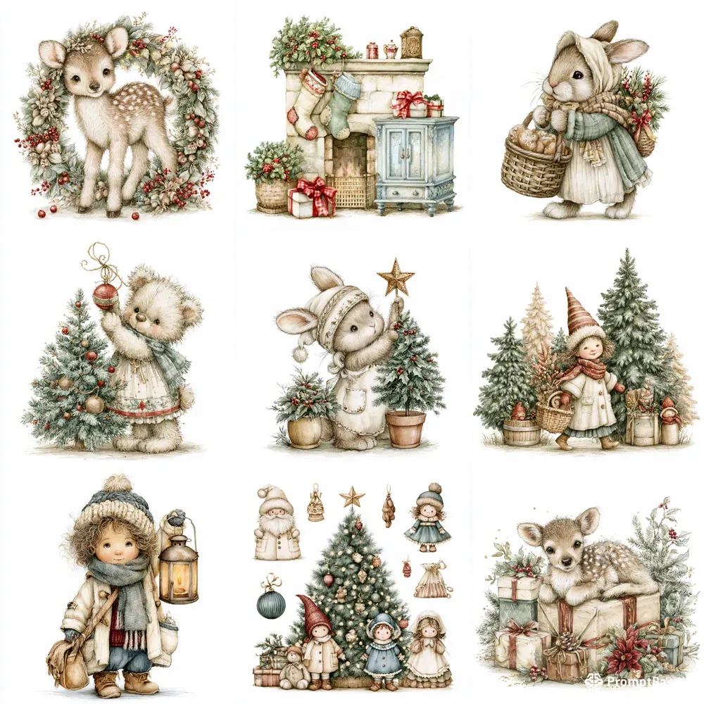 Vintage Christmas Kids Story Cliparts