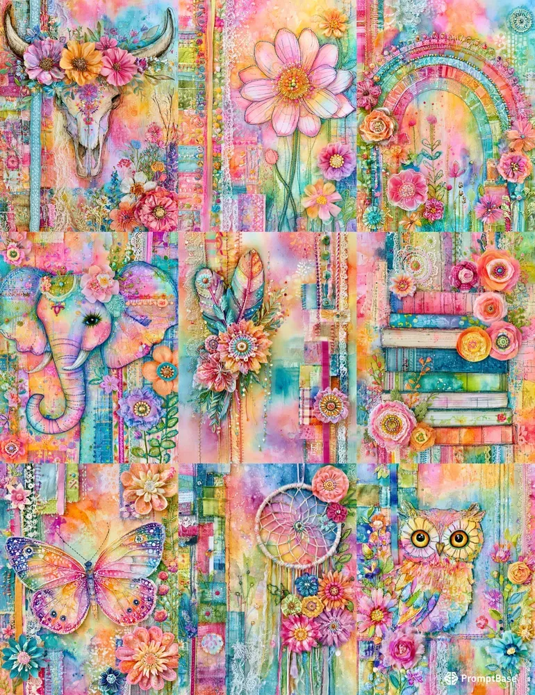 Bohemian Rainbow Scrapbook Ephemera Pages