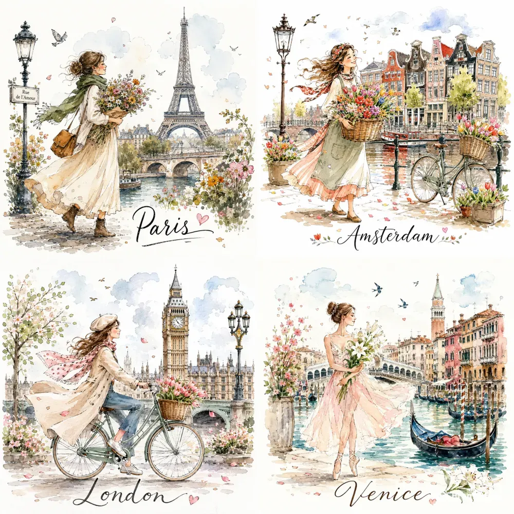 Whimsical Watercolor Girl City Posters