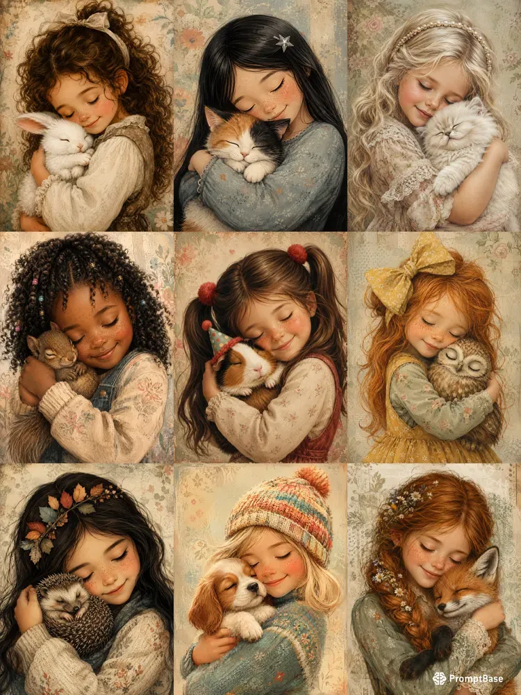 Sweet Girl And Pet Illustrations