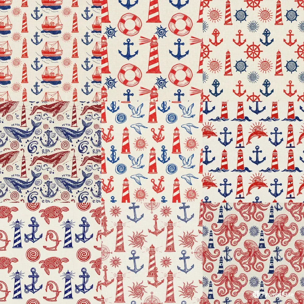 Nautical Red Blue Woodblock Patterns