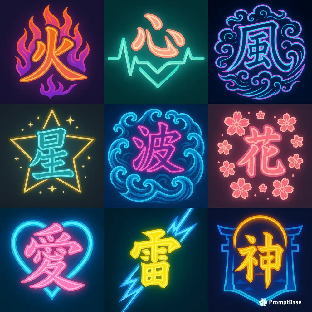 Japanese Ukiyoe Neon Kanji Logos