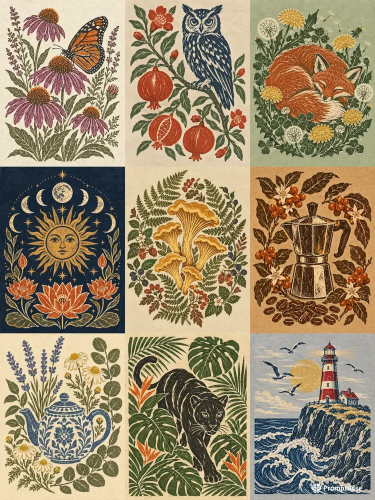 Vintage Botanical Linocut Block Prints