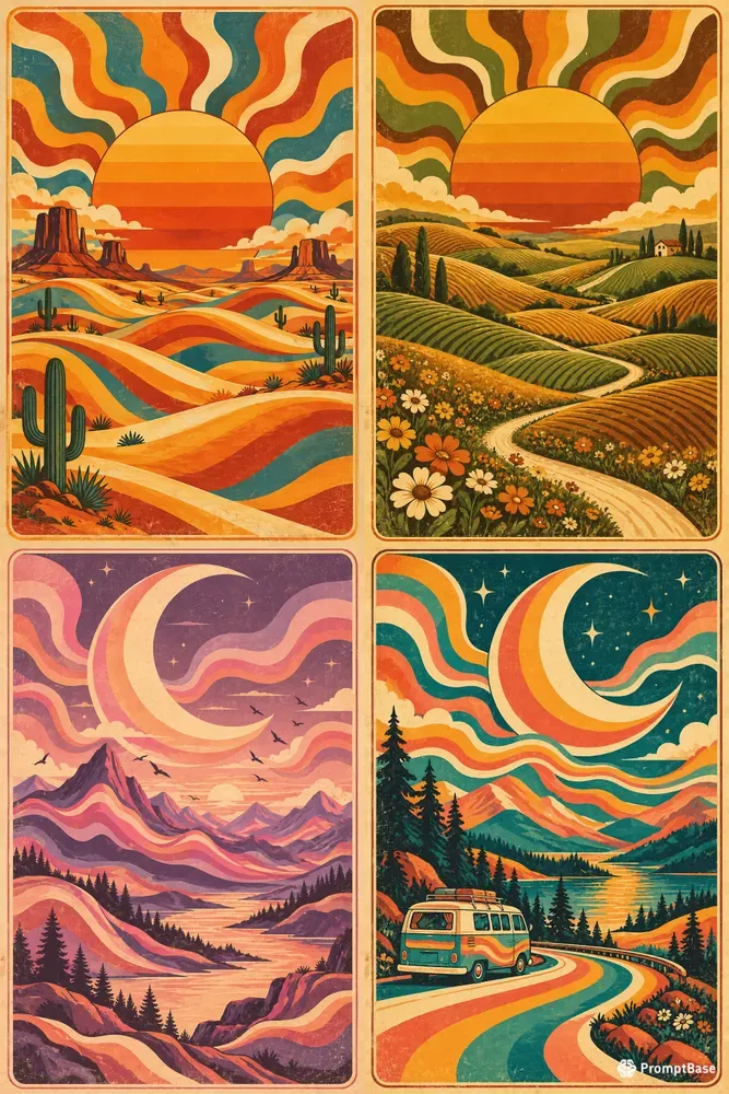 Groovy 1970s Wavy Landscape Posters