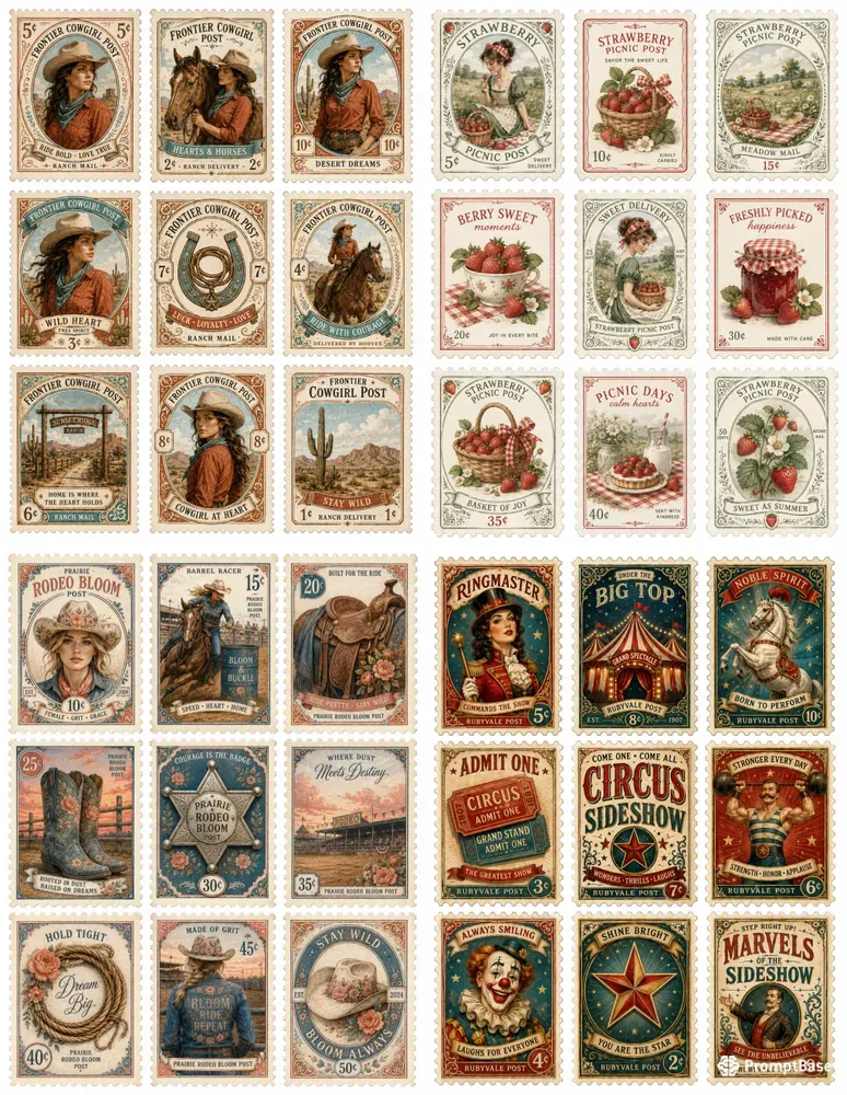 Cowgirl Postage Stamp Ephemera Sheets