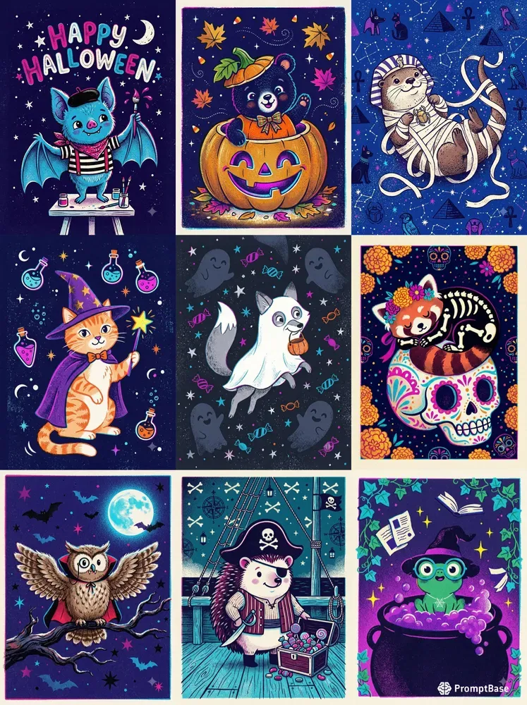 Retro Risograph Halloween Animal Art