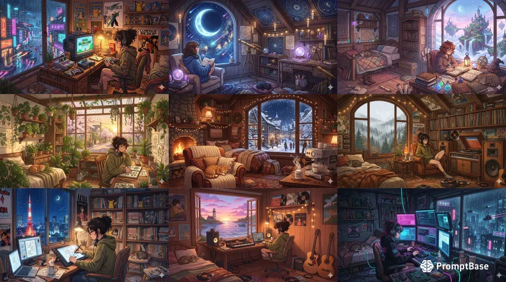 Cozy Anime Lofi Room Illustrations