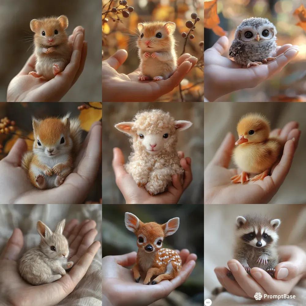Cute Animal Babies On Palm Of Hand