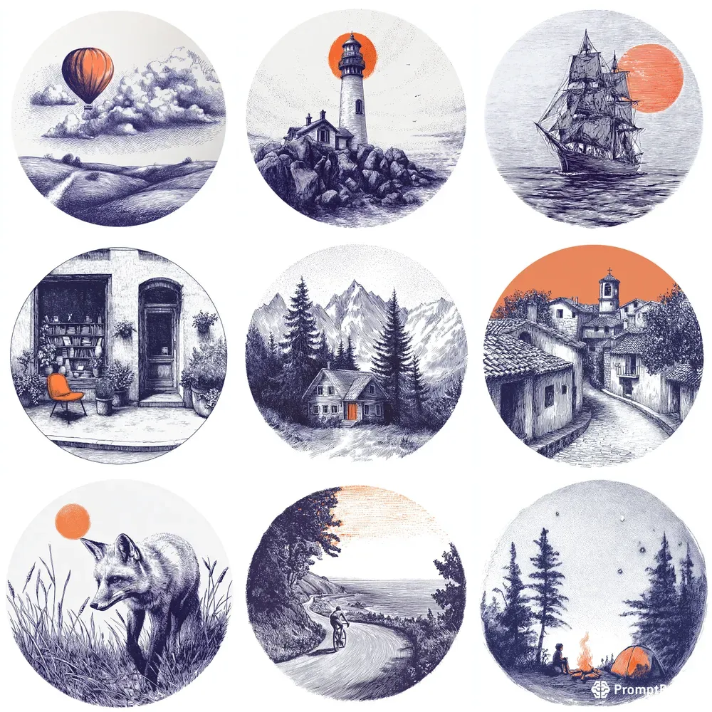 Circular Engraved Emblem Scenes