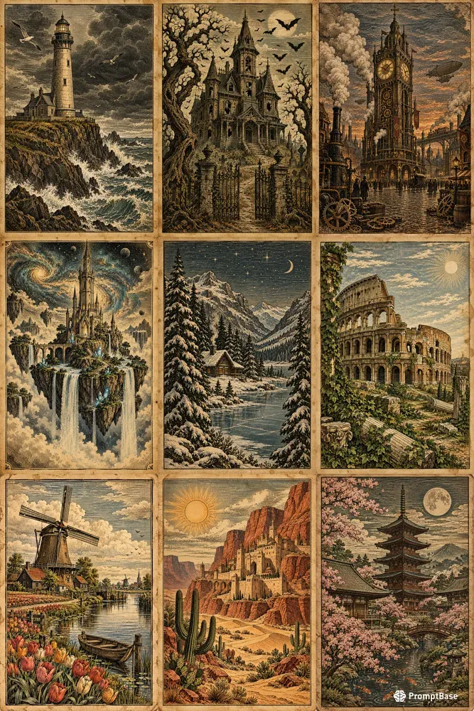 Antique Woodcut Landscape Illustrations