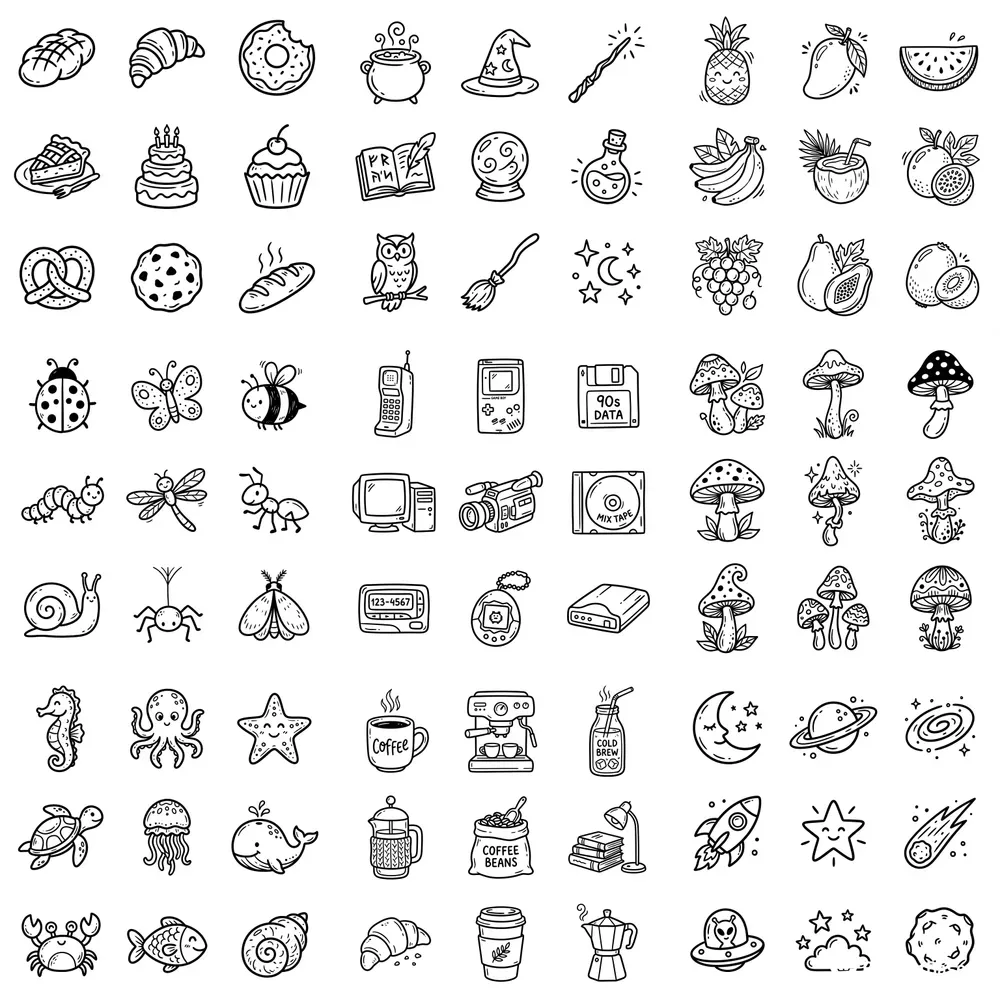 Whimsical 3x3 Doodle Icon Grid Packs
