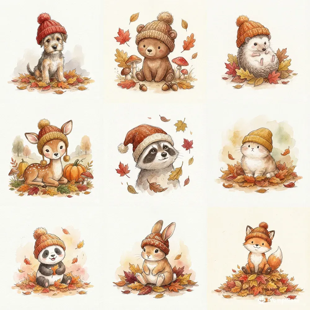Cozy Autumn Watercolor Characters