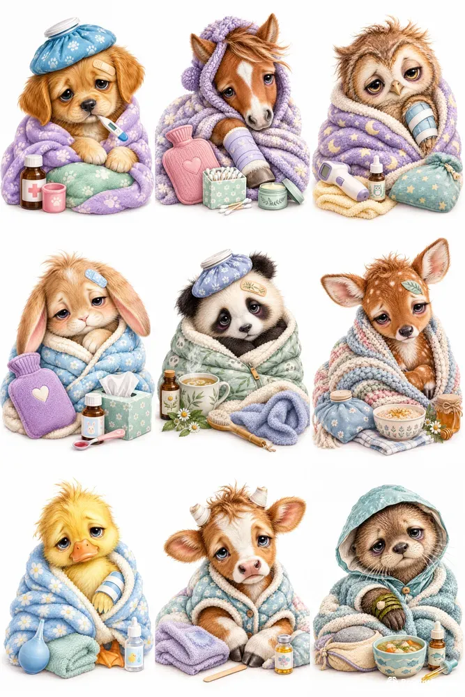 Cozy Sick Animal Storybook Illustrations