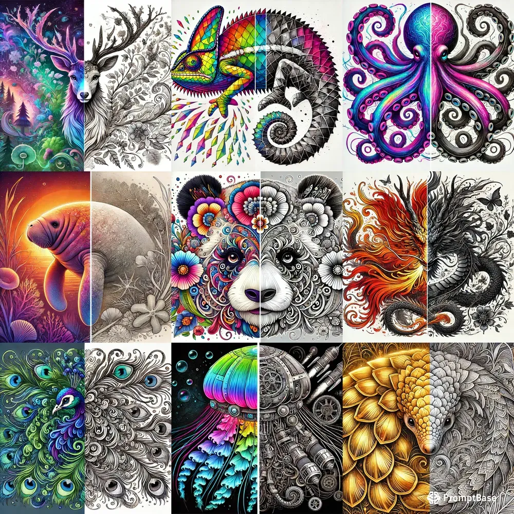 Halfcolored Animal Illustrations