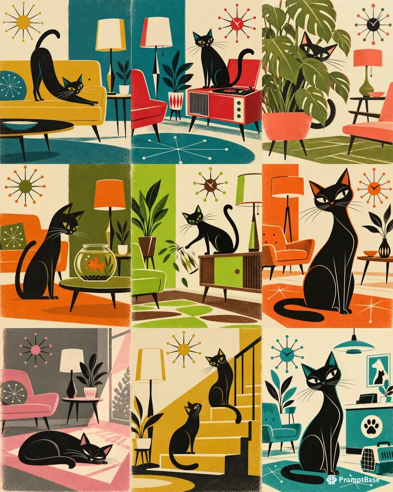 Mid Century Cat Art Prints