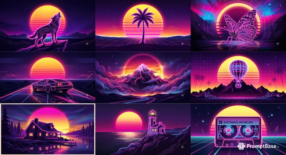 Synthwave Neon Outline Retro Sunset Art