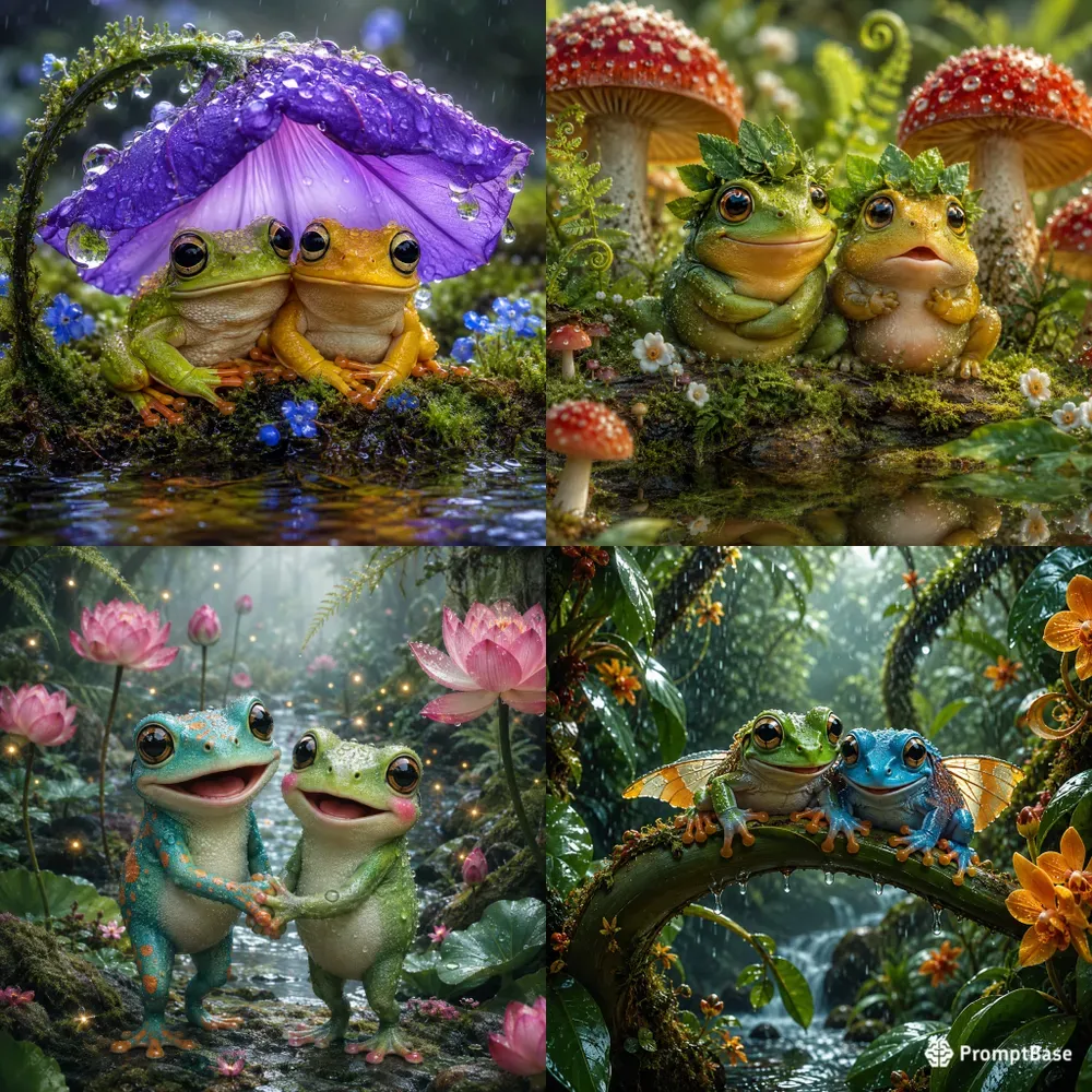 Whimsical Rainy Frog Couples