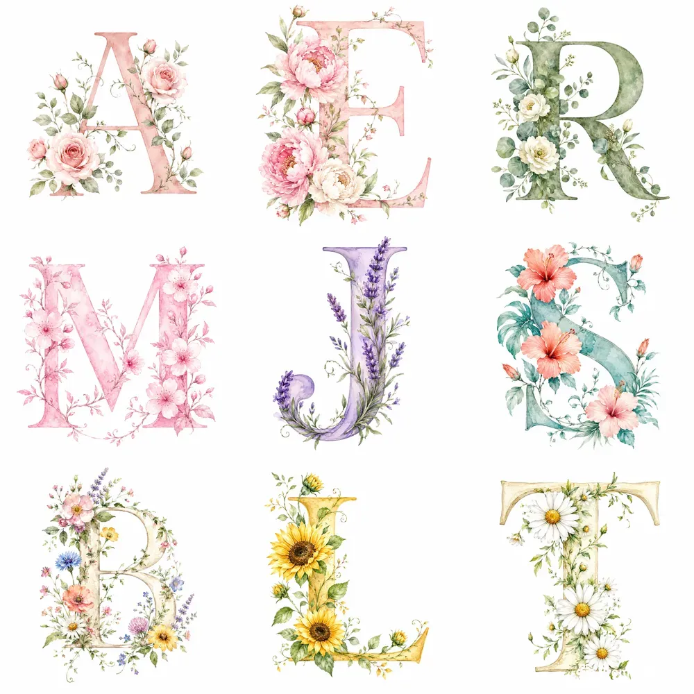 Watercolor Floral Alphabet Letters