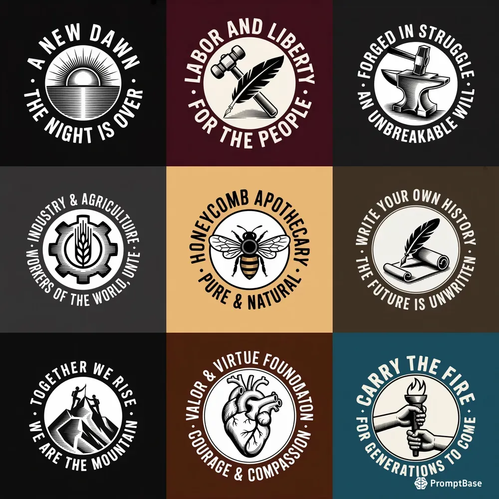 Circular Emblem Designs In Woodcut Style