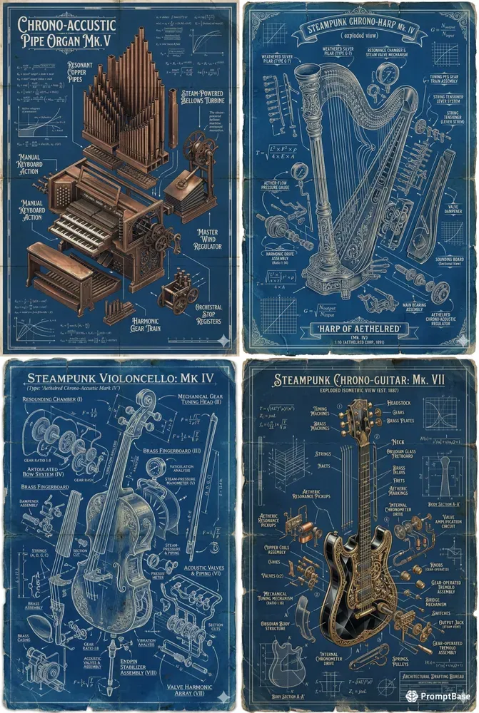 Steampunk Instrument Blueprint Posters