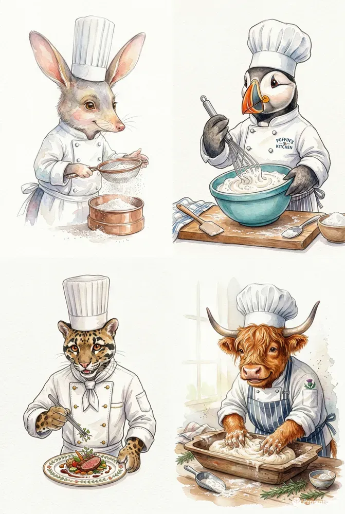 Whimsical Animal Chef Watercolor Decors