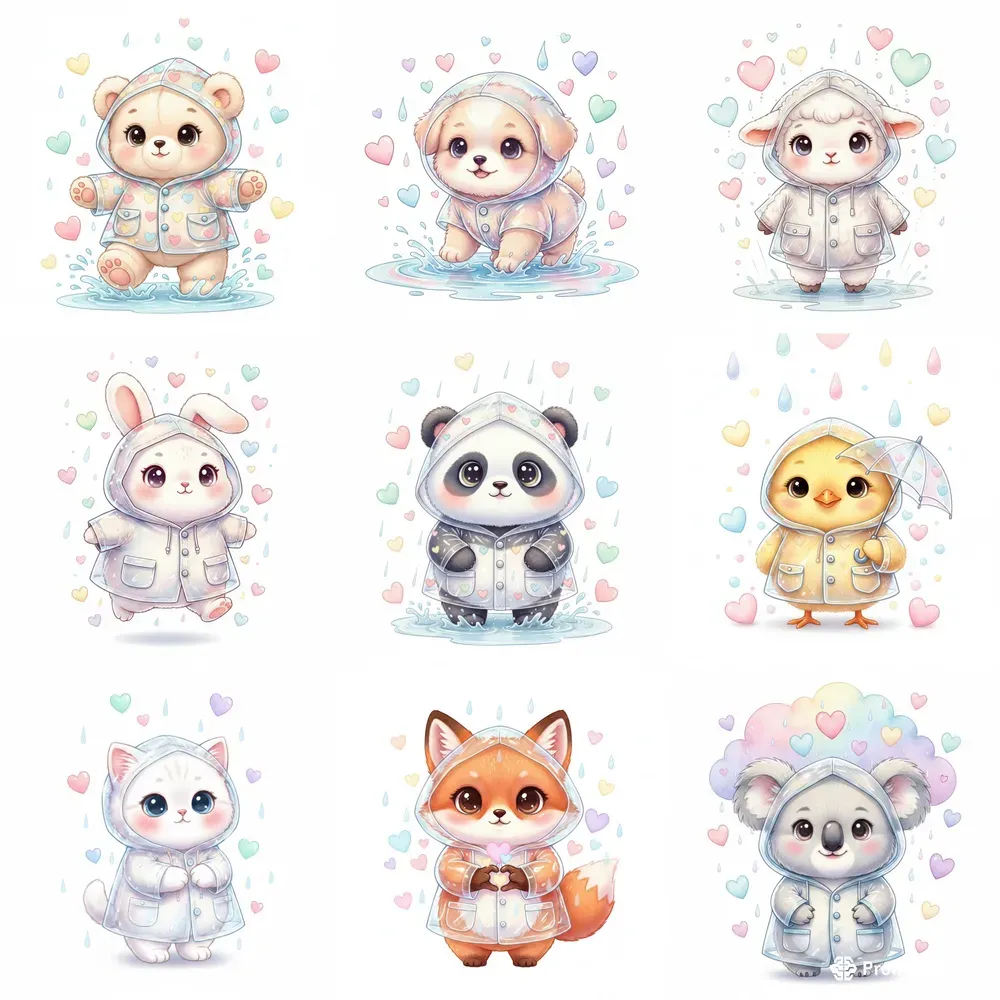 Cute Pastel Baby Animals In Rainy Love