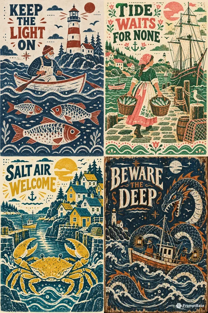 Naive Coastal Folklore Print Artworks