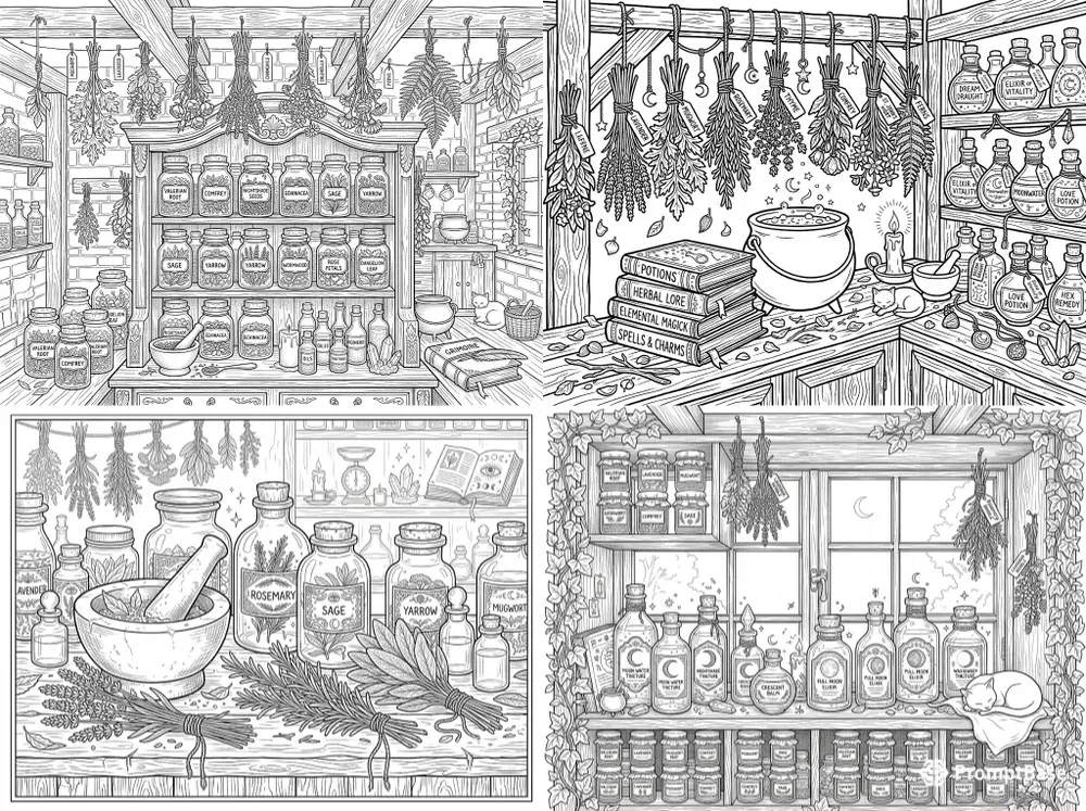 Witchy Herbal Apothecary Coloring Pages