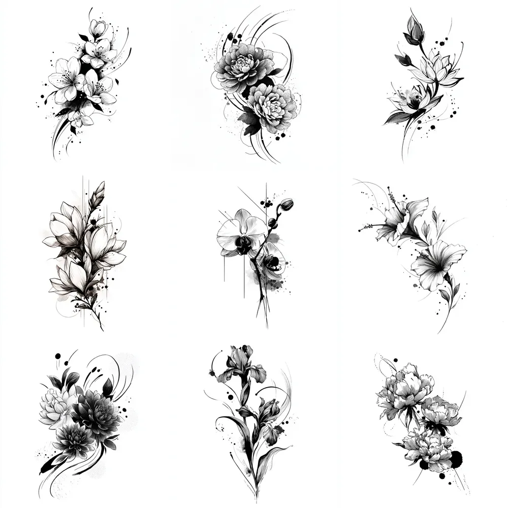 Elegant Black Ink Flower Tattoos