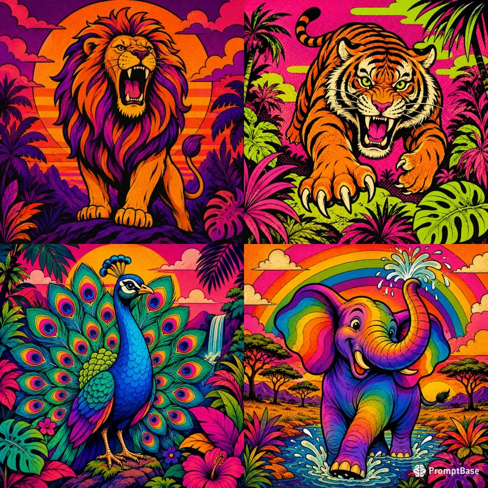 Vivid Retro Cartoon Wild Animal Portraits