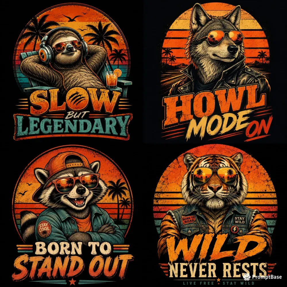 Retro Animal Sunset Tshirt Designs