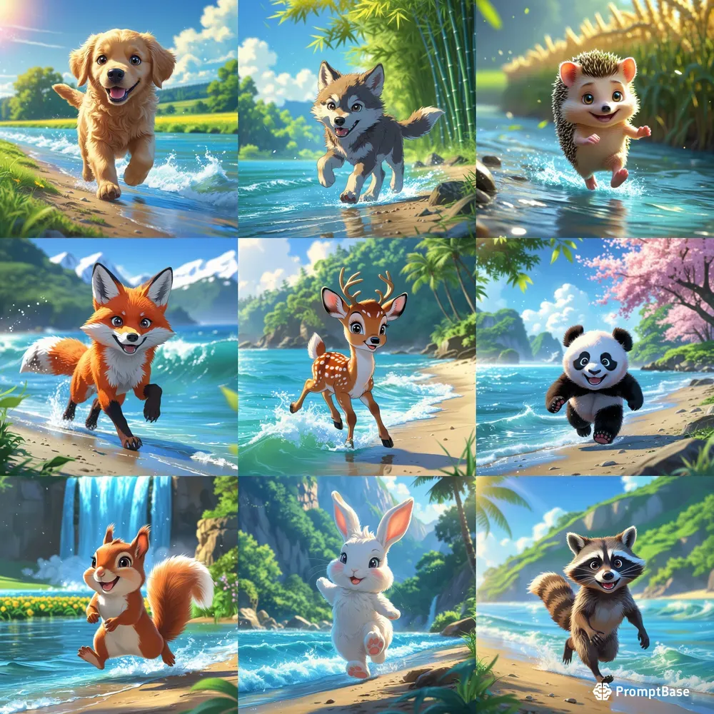 Joyful Anime Animals Running By The Water