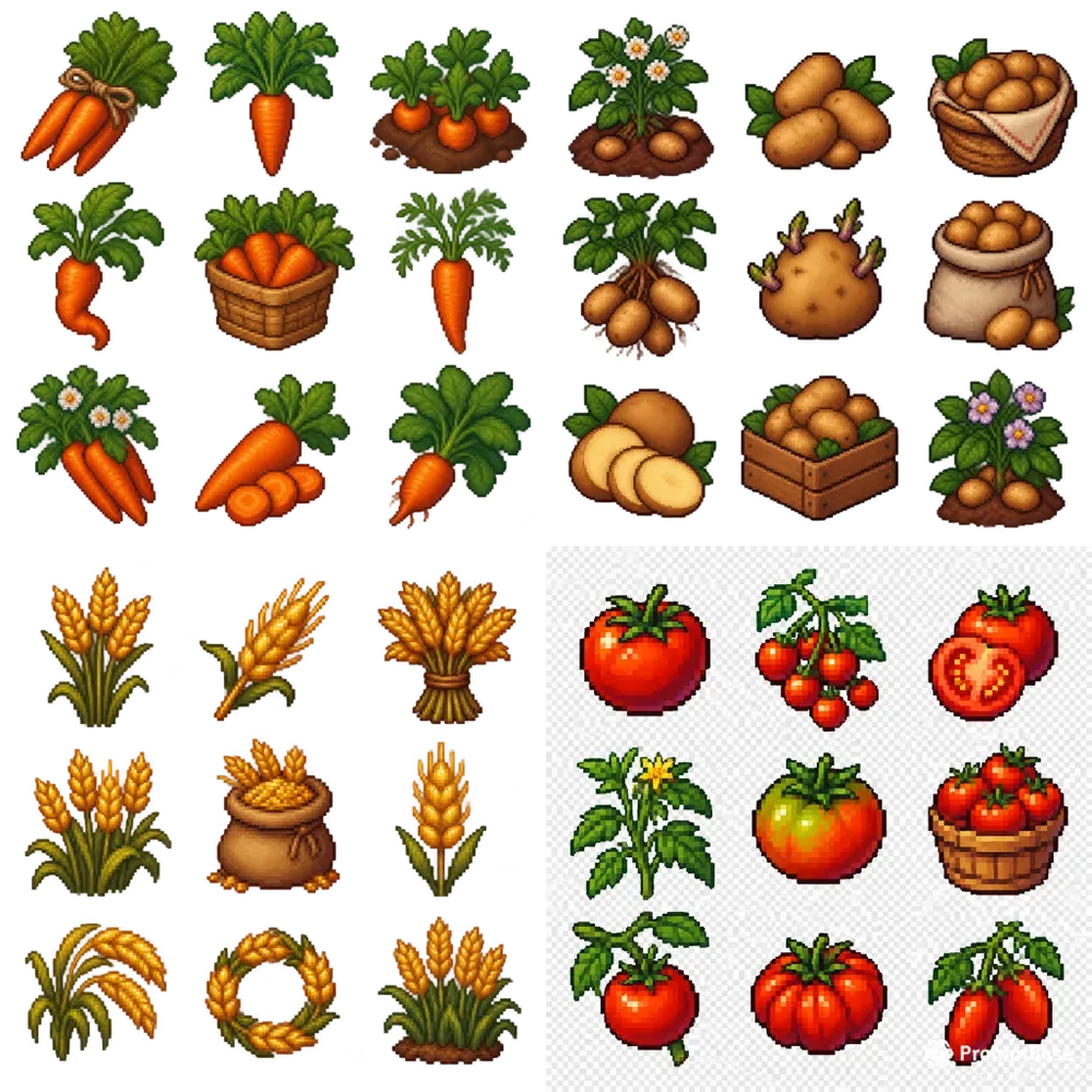 16bit Cozy Crop Sprite Sheet Variations