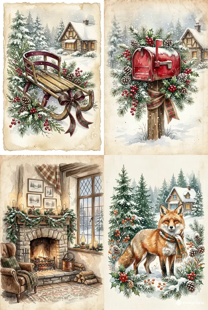 Winter Cottage Watercolor Paintings