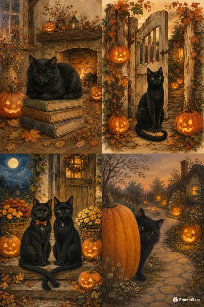 Cozy Black Cat Pumpkin Lanterns