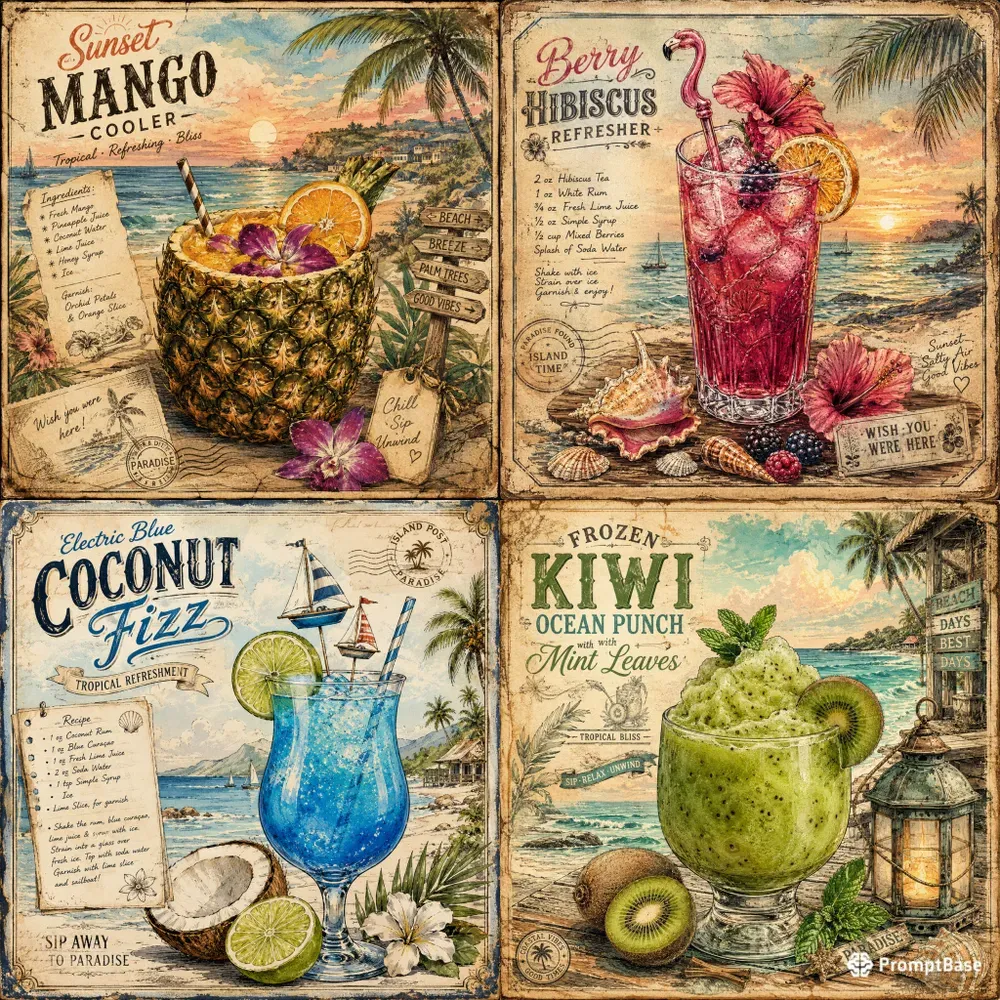 Vintage Coastal Cocktail Illustrations