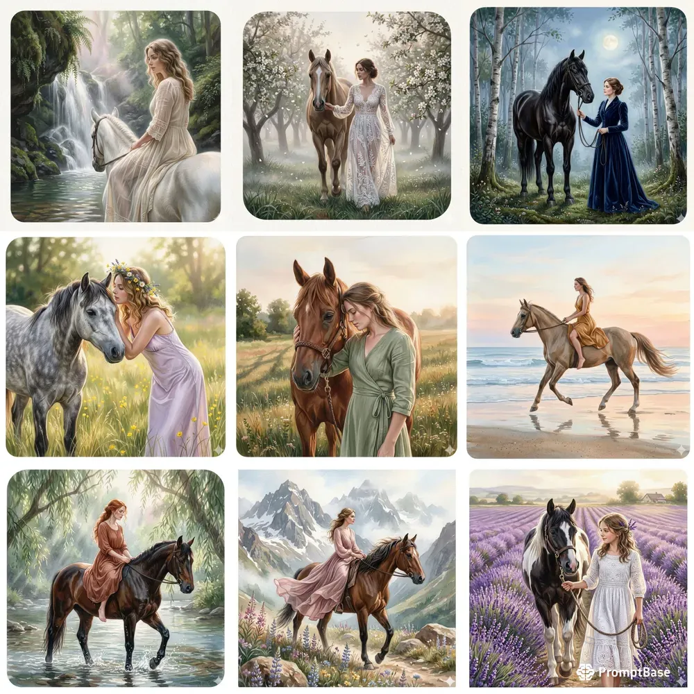 Women And Horses Gouache Illustrations