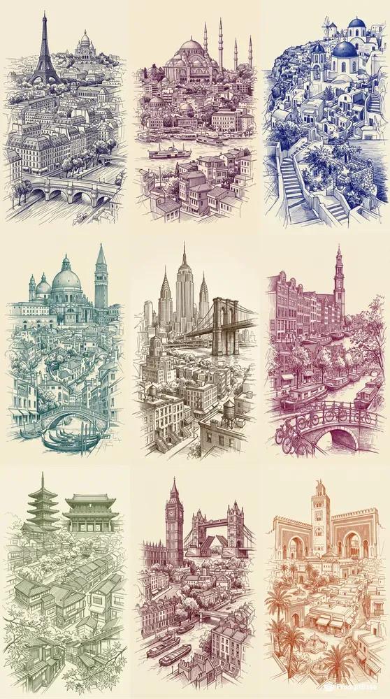 Single Color Ink Travel Poster Sketches