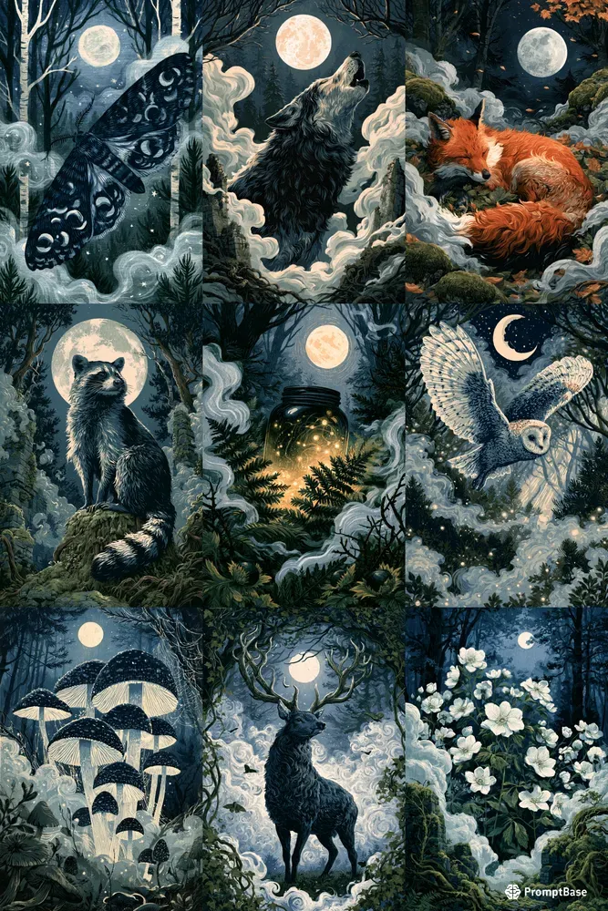 Moonlit Forest Storybook Wall Art Posters