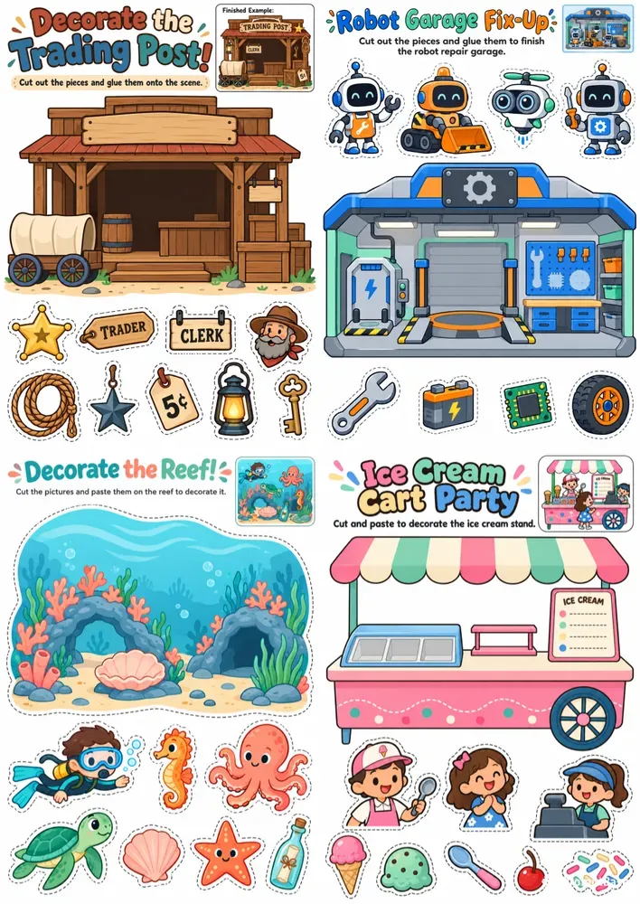 Cut And Paste Scene Decoration Worksheets