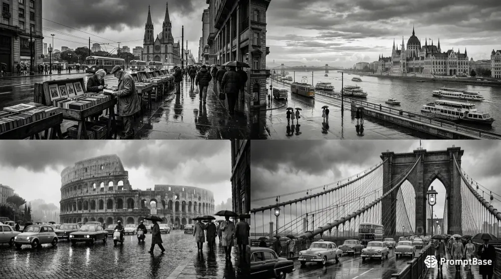 Vintage Rain Black White Cityscapes