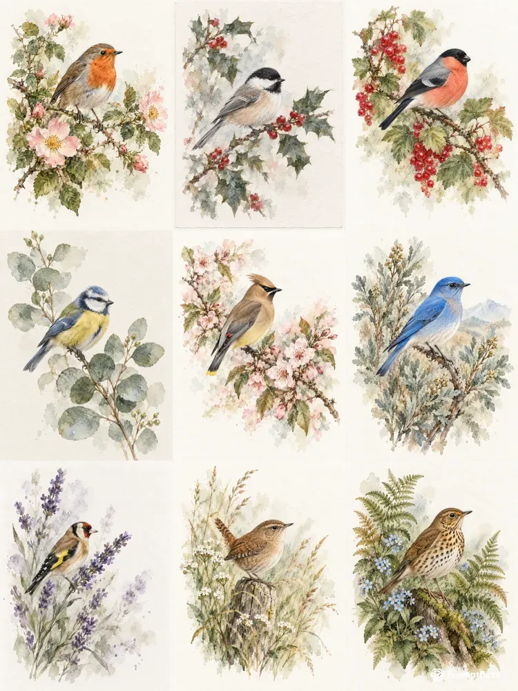 Botanical Bird Watercolor Prints