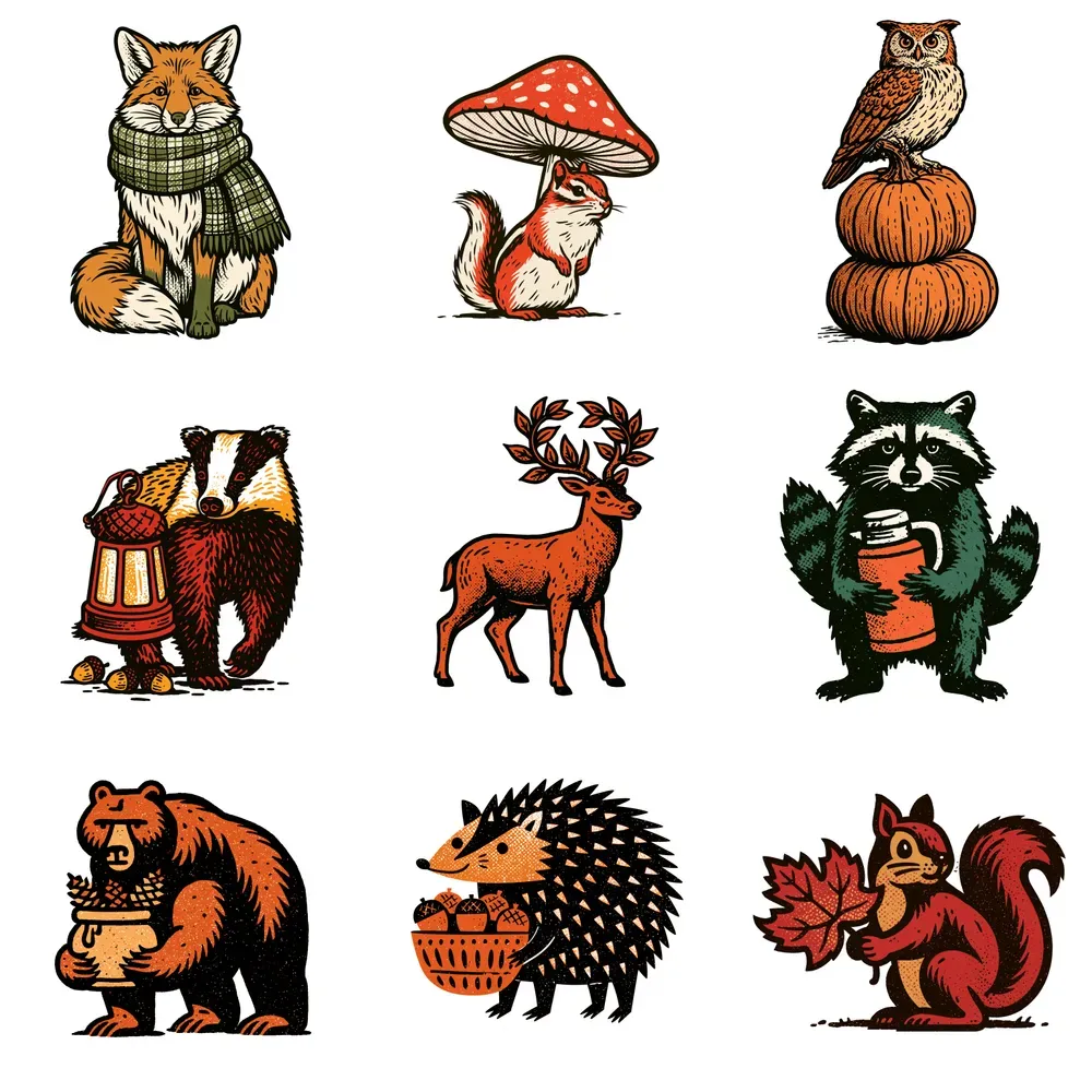 Retro Screenprint Autumn Clipart Icons
