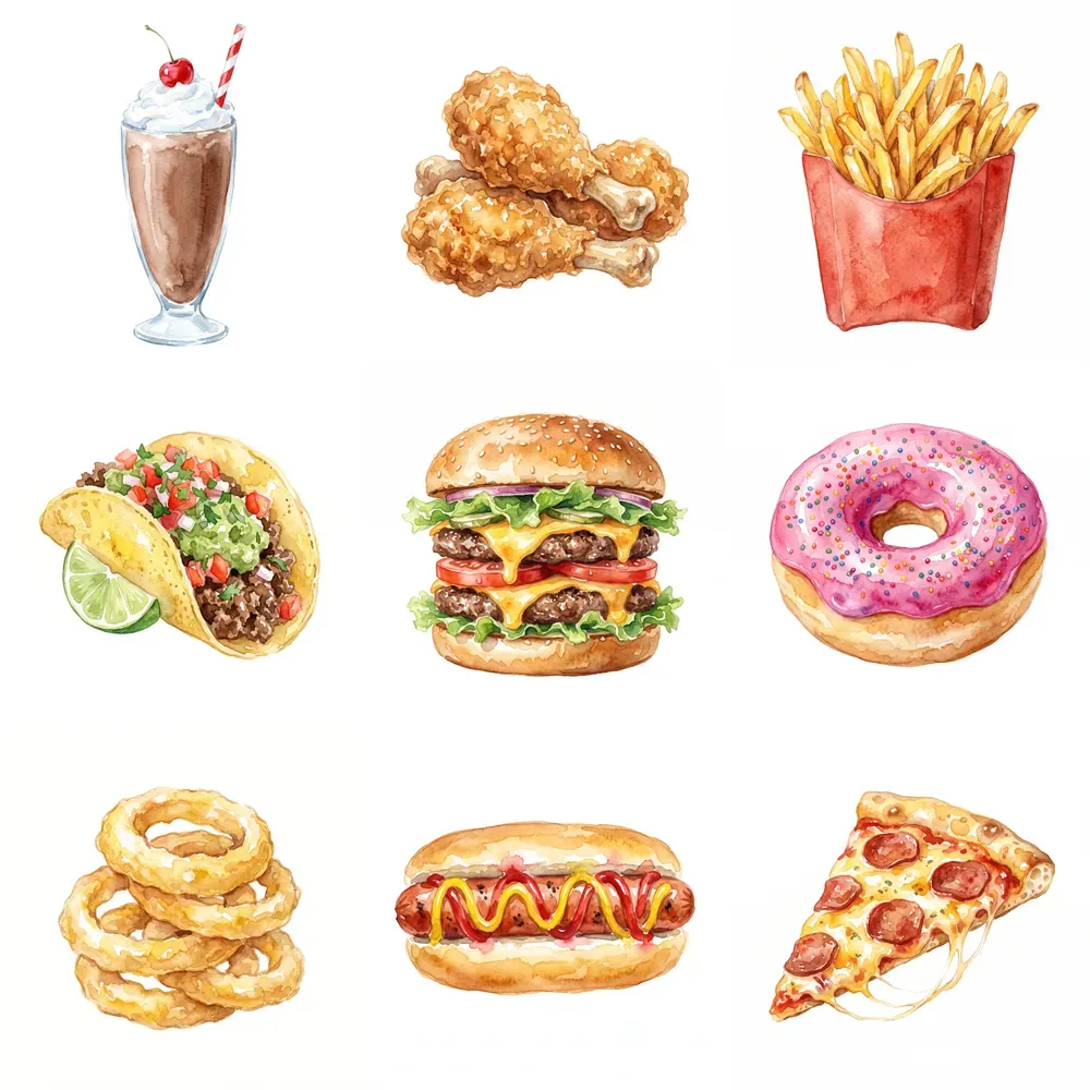 Watercolor Fast Food Cliparts On White