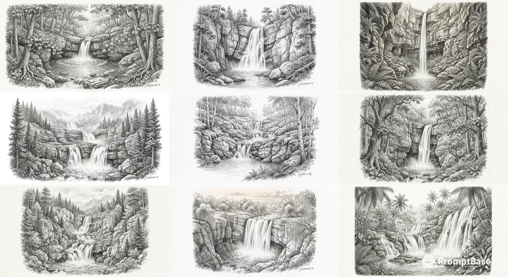 Realistic Waterfall Pencil Sketches