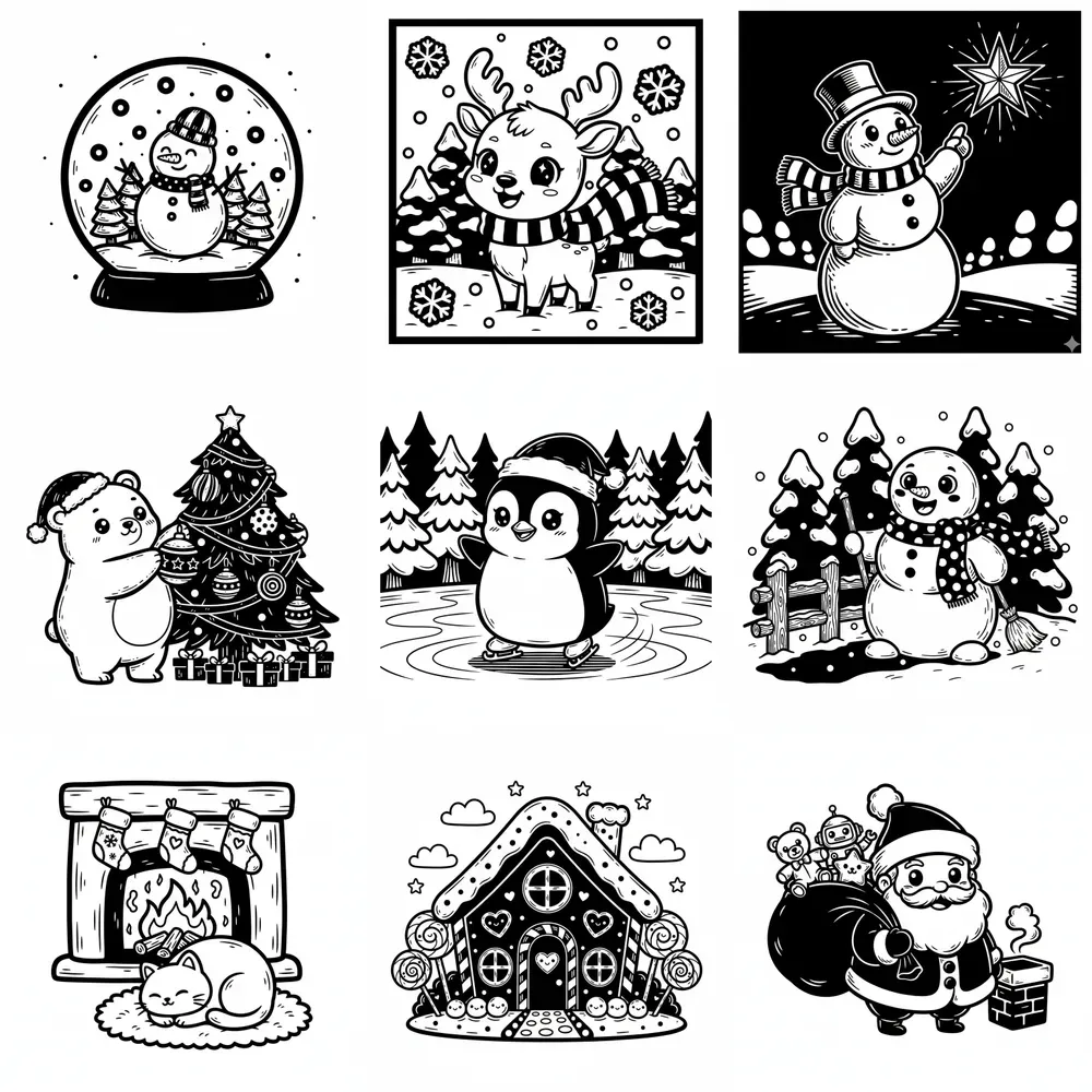 Kawaii Christmas Monochrome Colorings