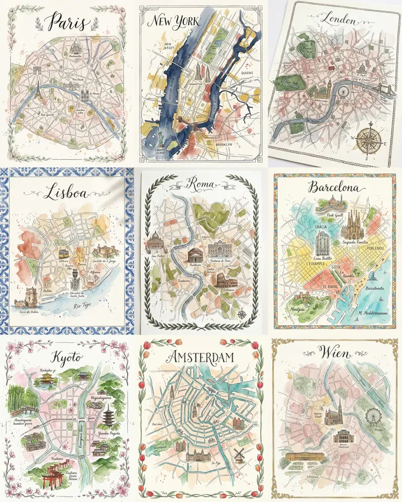 Watercolor Ink Illustrated City Maps
