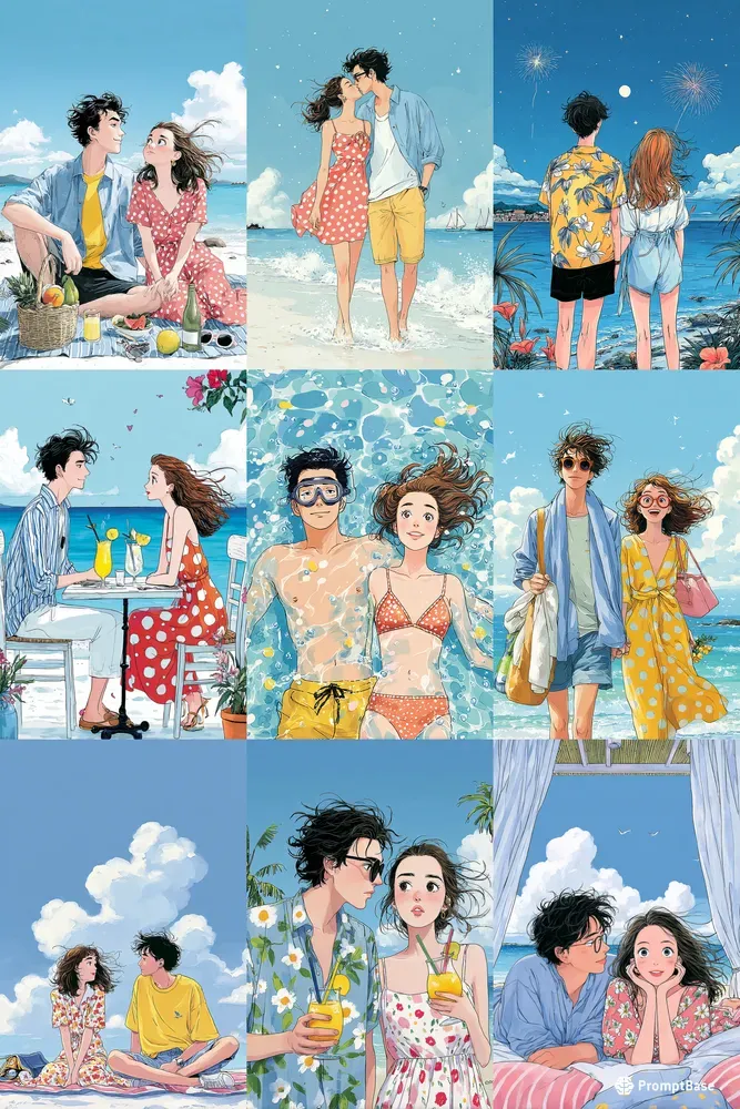 Holiday Couple Anime Beach Illustrations
