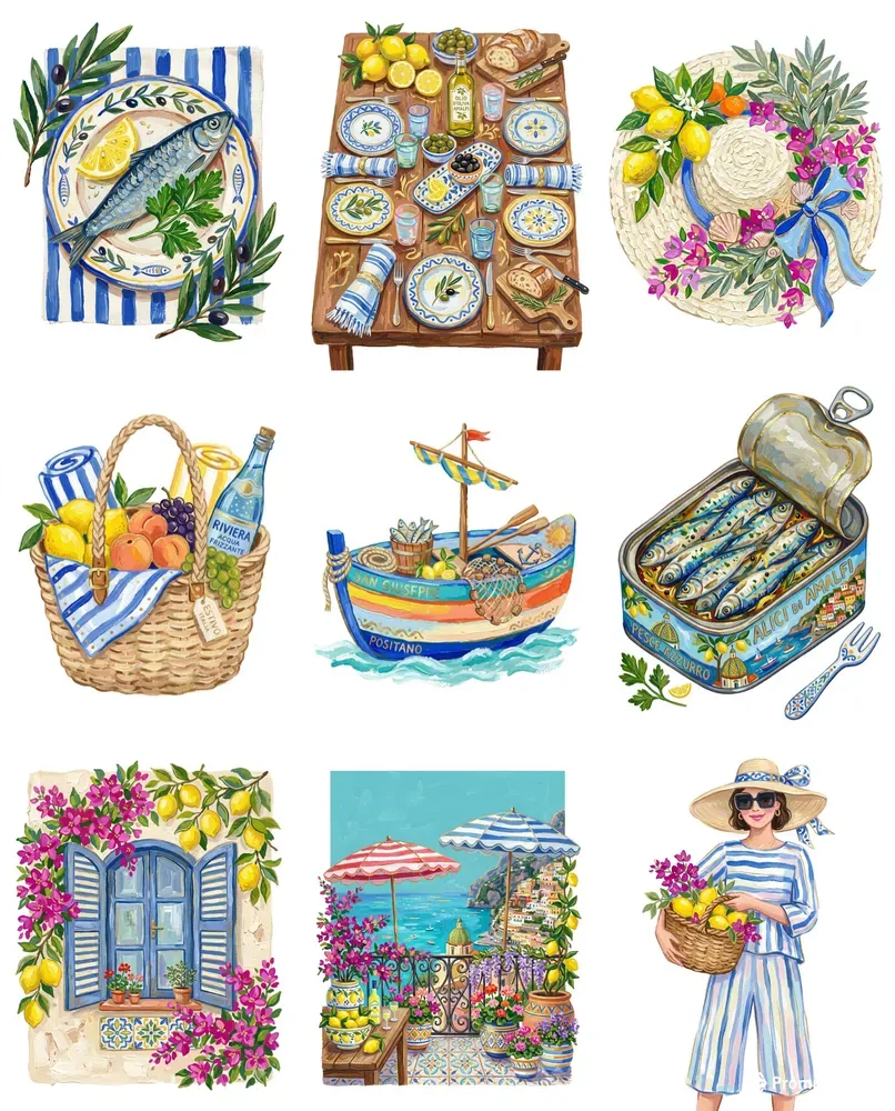 Italian Amalfi Summer Gouache Cliparts
